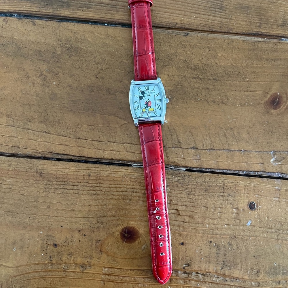 Red Leather Strap Watch with Mickey Mouse Dial